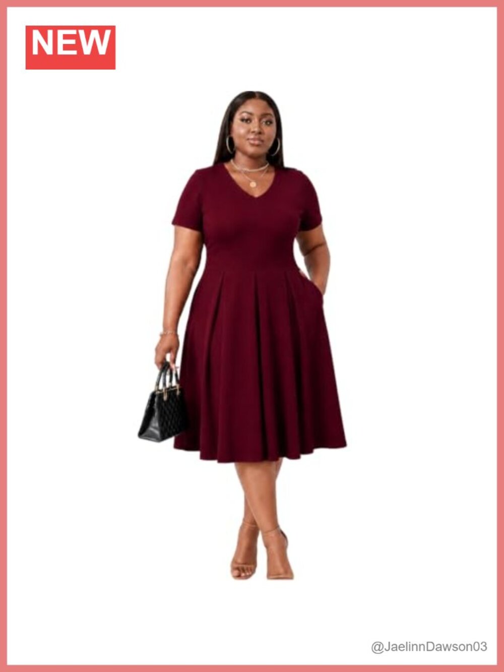 Plus Size V Neck Midi Dress Empire Waist A Line Pockets Short Sleeve